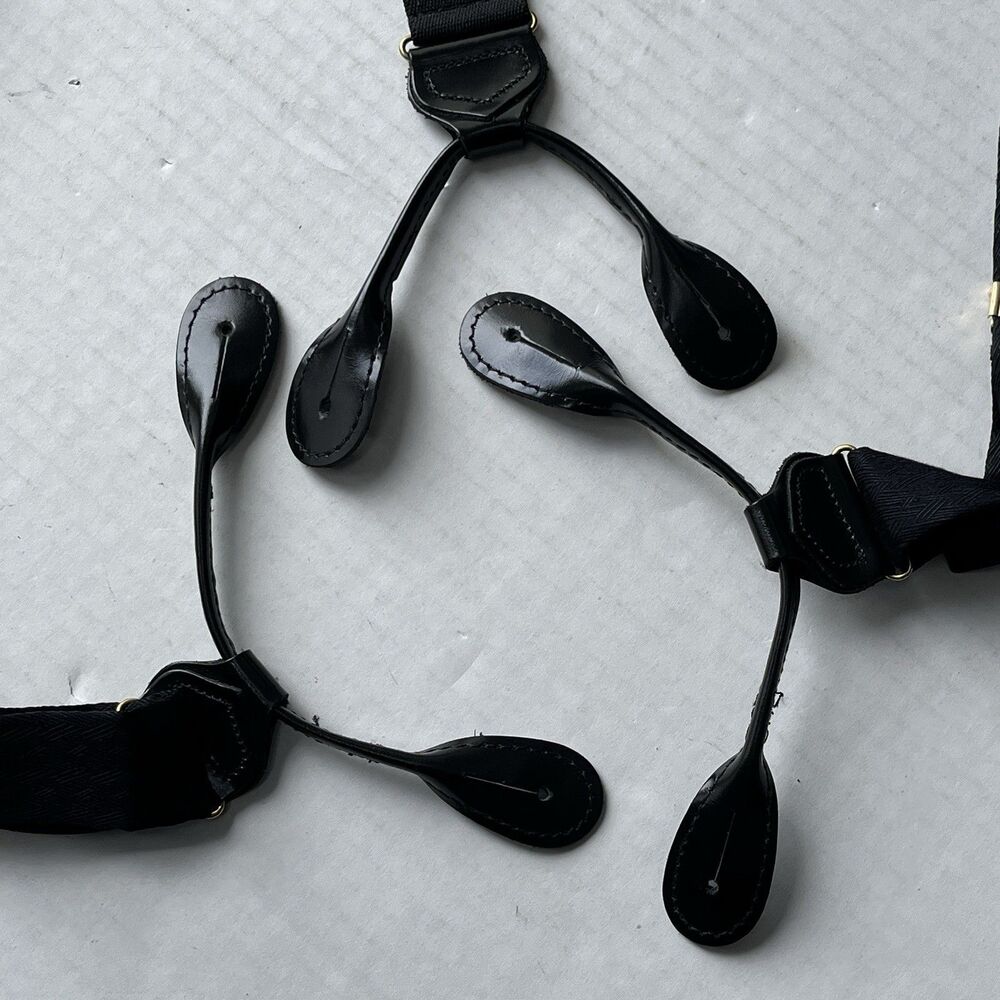 Mens MADE In ENGLAND Black 100% Silk Button Suspenders w/ Leather Loops Y-Back - Picture 7 of 8
